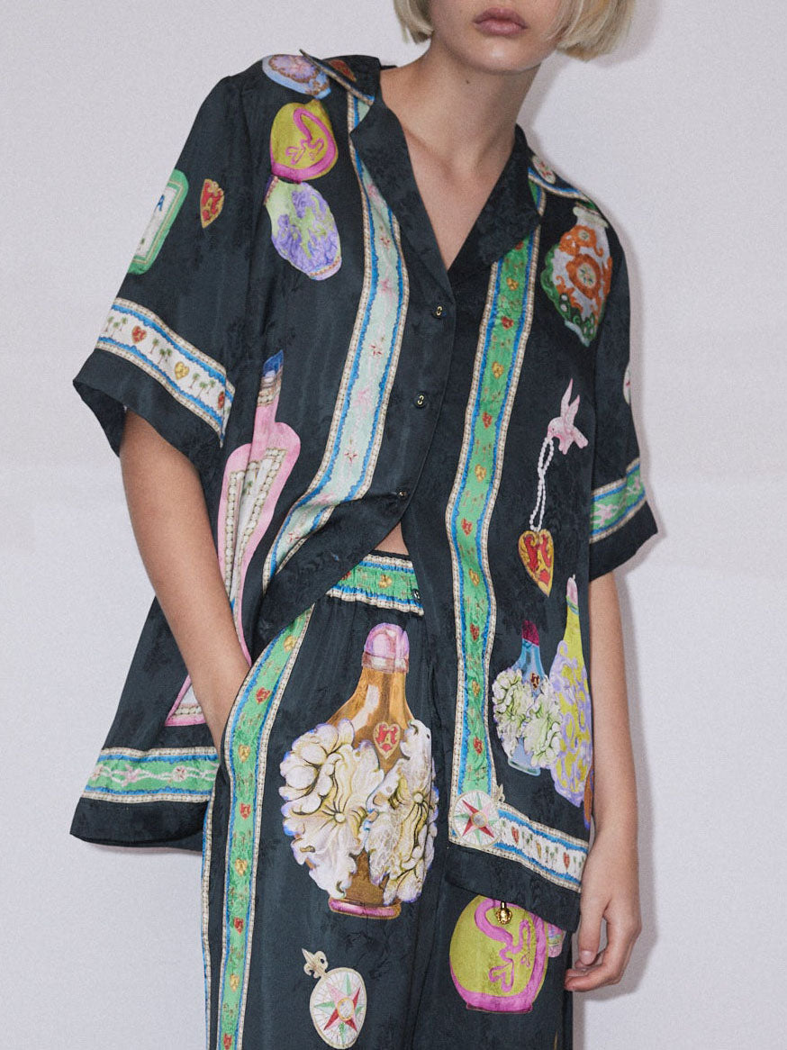 Satijn Uniek Fun Print Knoop Oversized Shirt