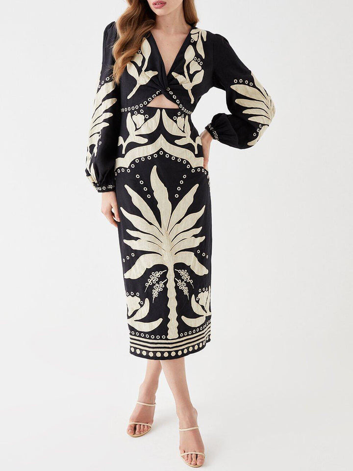 Unique Palm Tree Floral V-Neck Long Sleeve Midi Dress