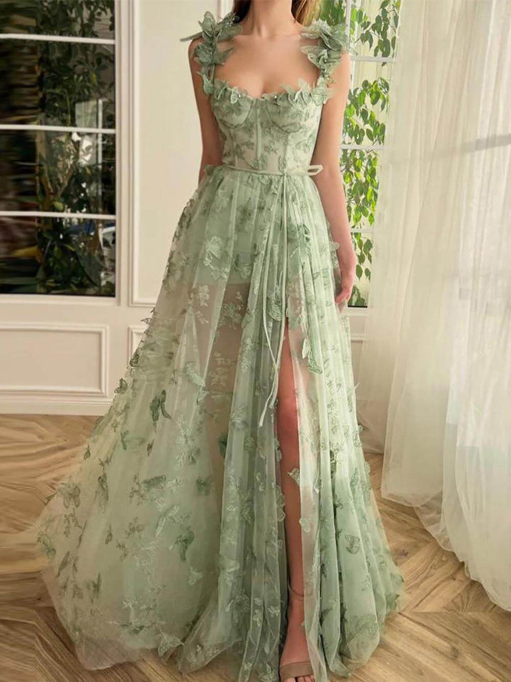 Vestido de tulipa elegante com renda de borboleta e fenda de baile Vestido de noite maxi