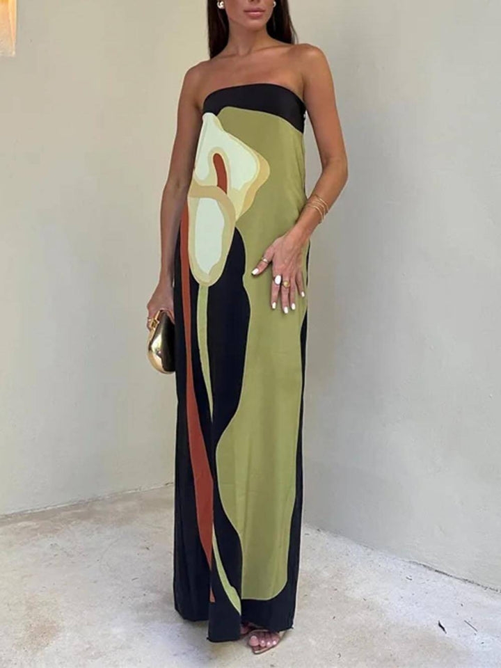 Modă Contrast fără mâneci Off Shoulder imprimate Maxi rochie