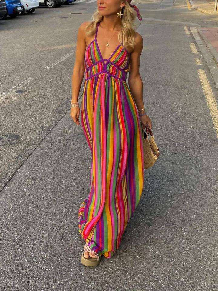 Maxi-jurk met regenboogstreepprint en V-hals