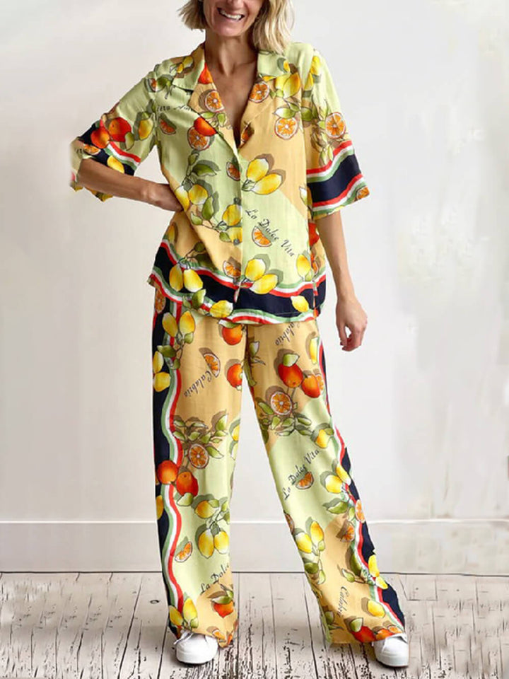 Modern Lemon Print Mid-Rise Wide Leg Παντελόνι