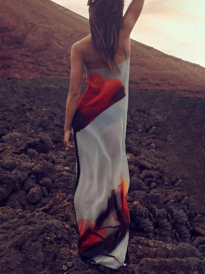 Vacation Abstract Tulip Print Slip H-Line Maxi Dress