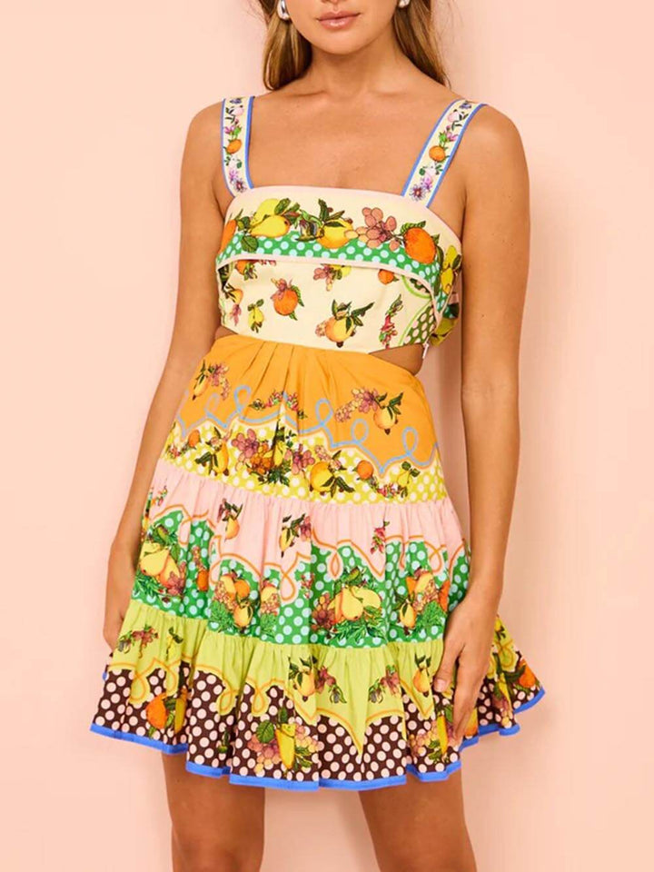 verão MulticoloridoLimão Mini vestido com bainha pregueada