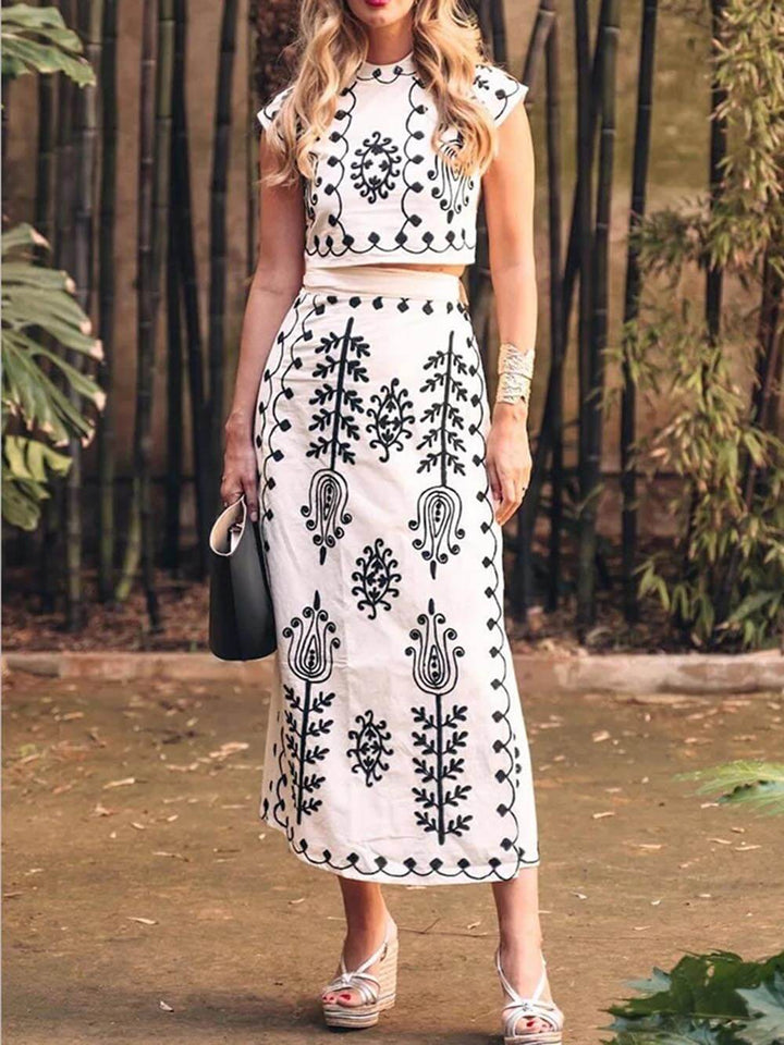 Ethnic Print Crop Top & Tire-up Wrap Midi Skirt Set