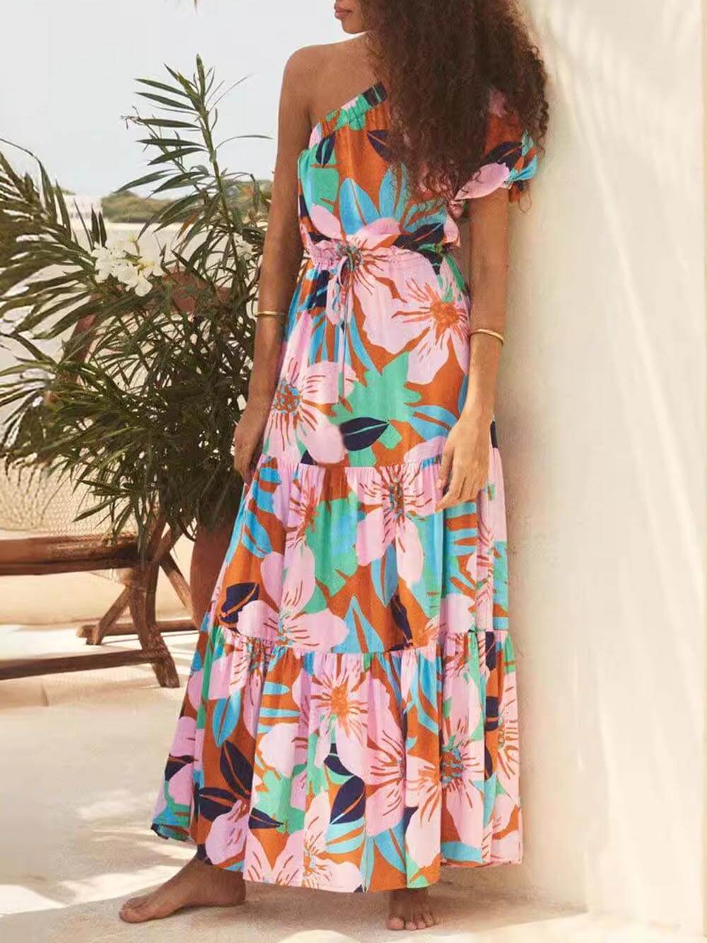 Vestido floral estilo festivo con estampado de hojas de palmera sin hombros