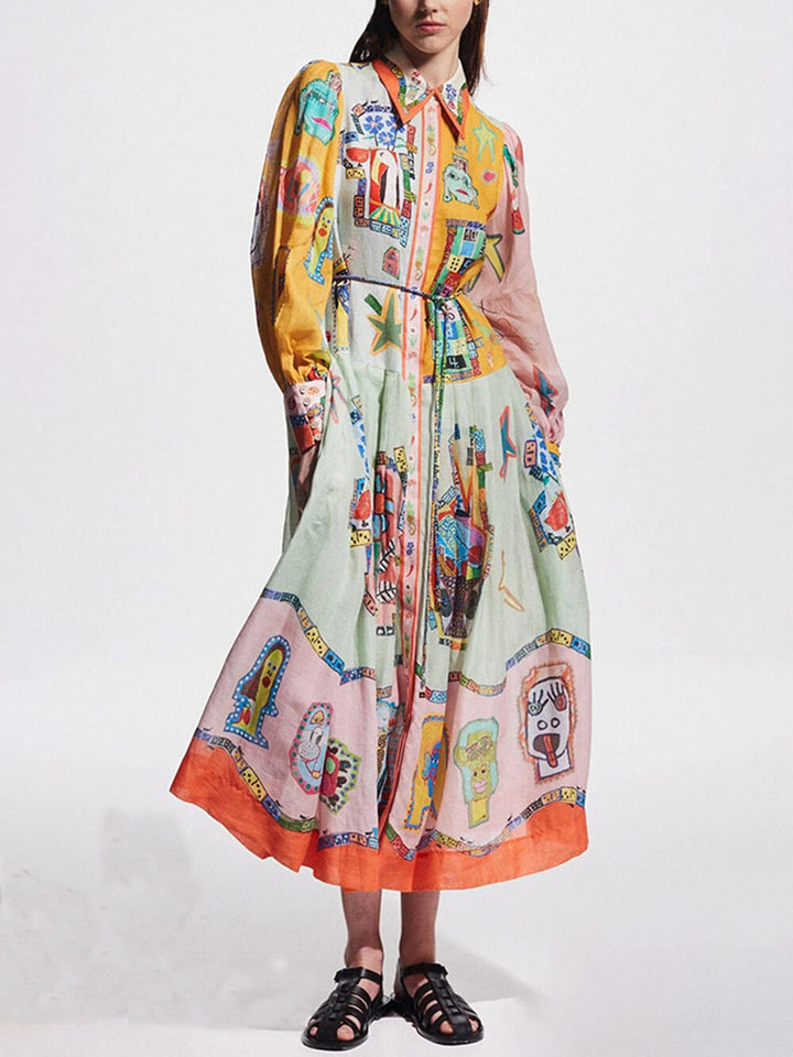 Unieke print Colorblock Ballon Mouwen Riem Shirt Midi Dress