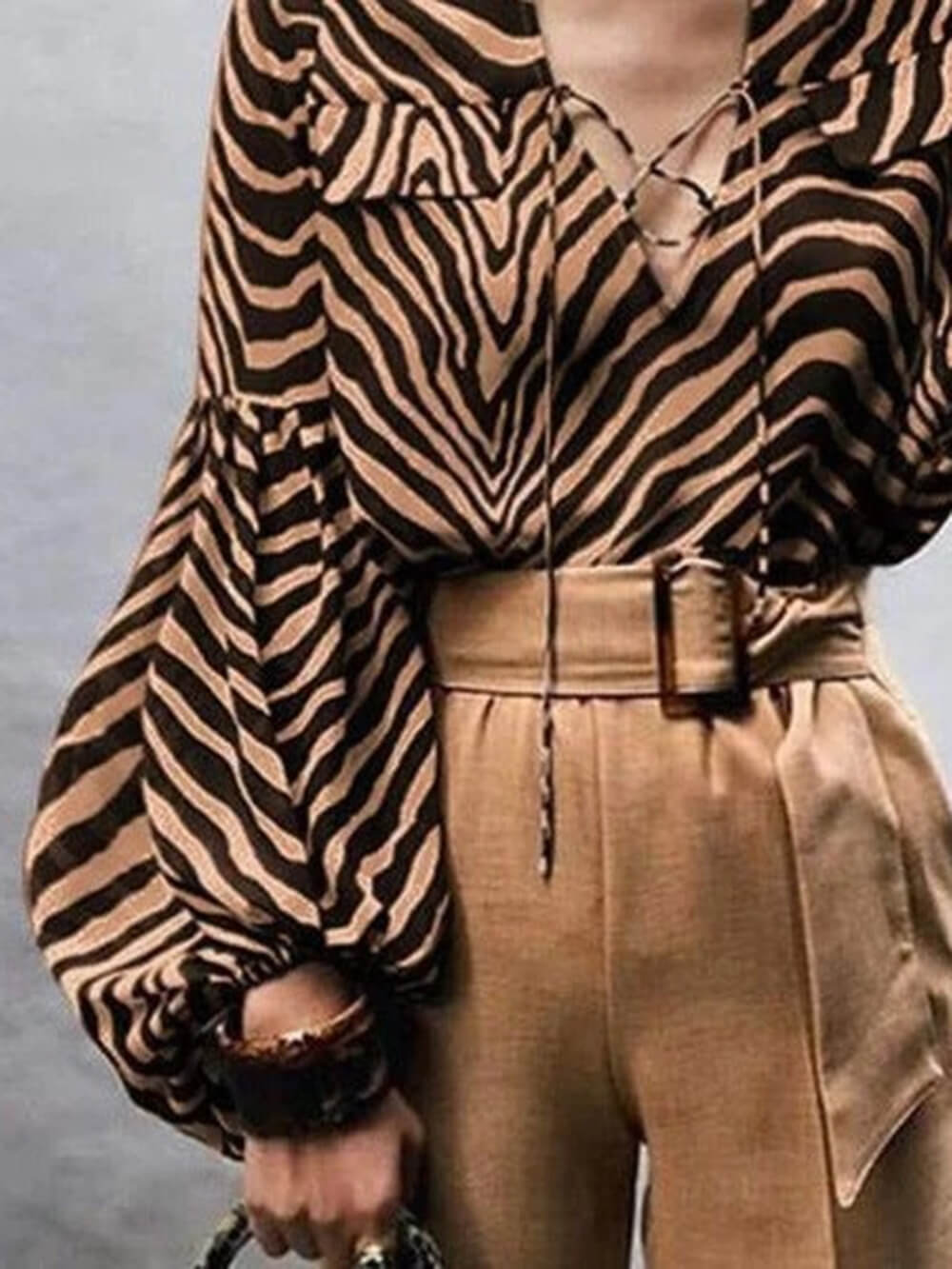 Zebra Print V-Neck Tie Long Sleeve Shirt