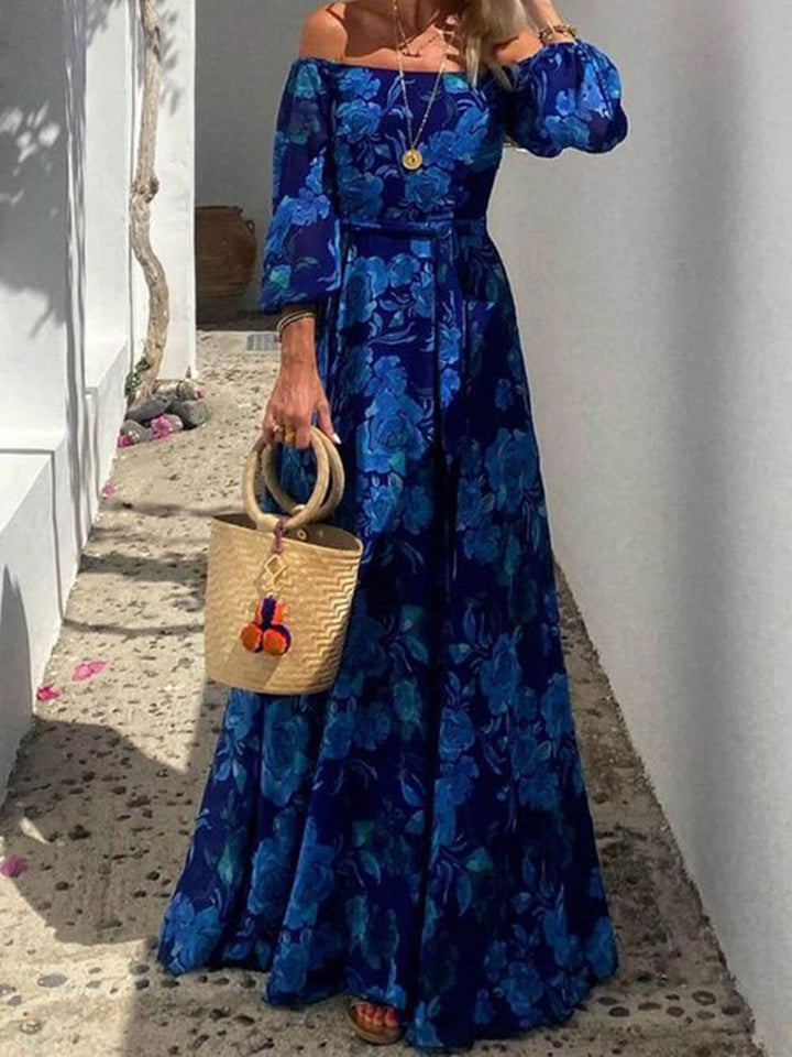 Foral Off Shoulder Rücken gesmokte Urlaub Maxi Kleid