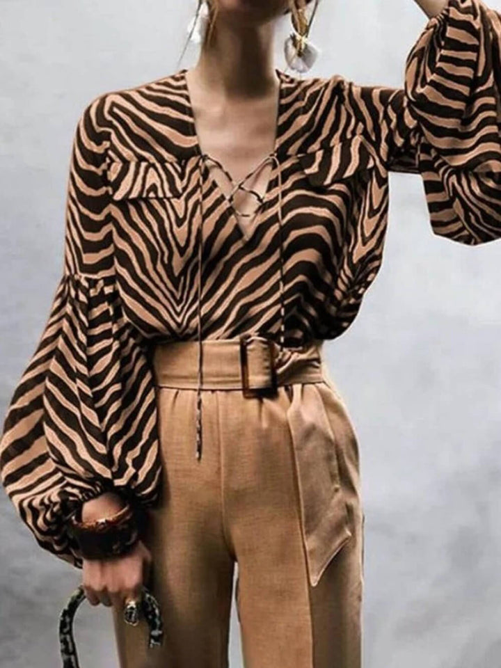 Shirt met zebraprint en V-hals met stropdas Lange Mouwen