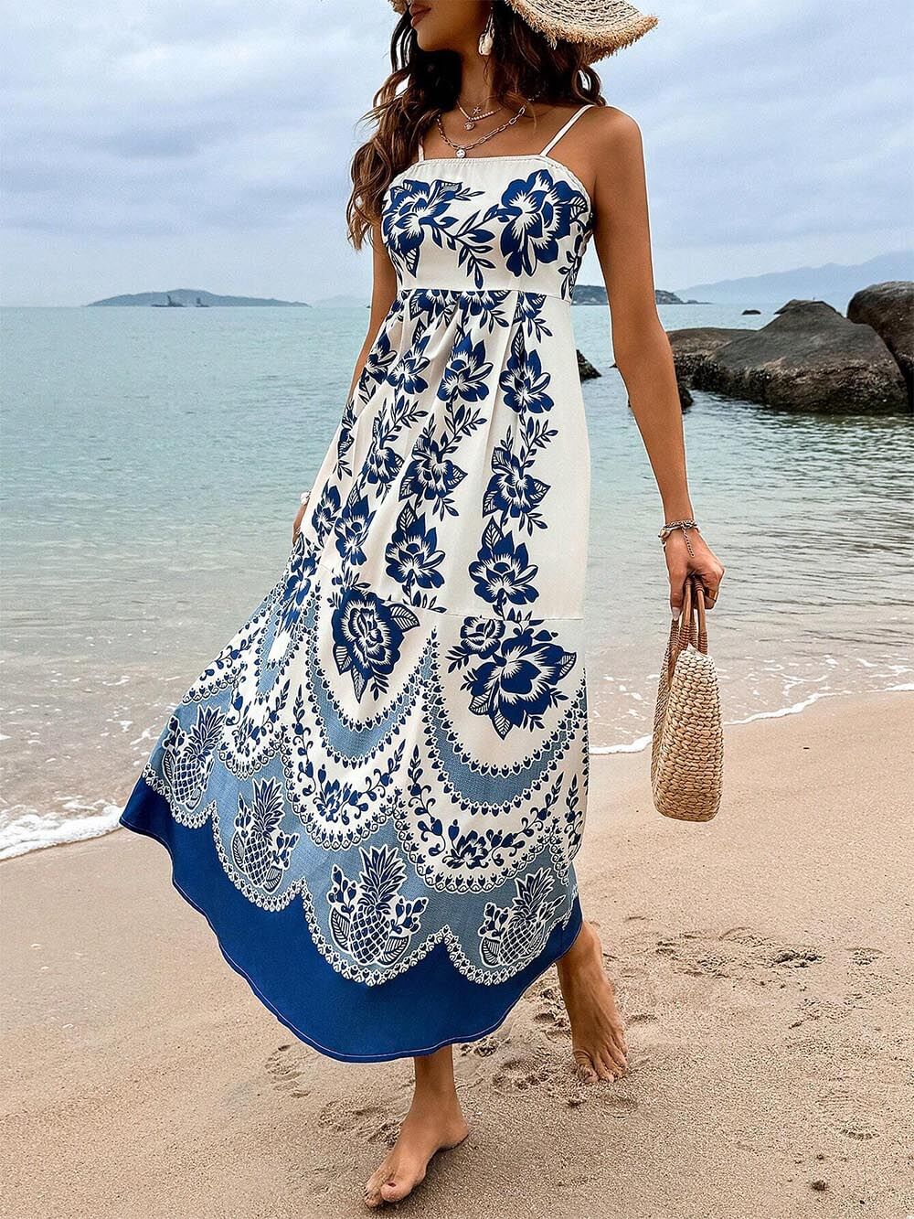 Floral Ethnic Print Back Smocked Loose Midi Dress