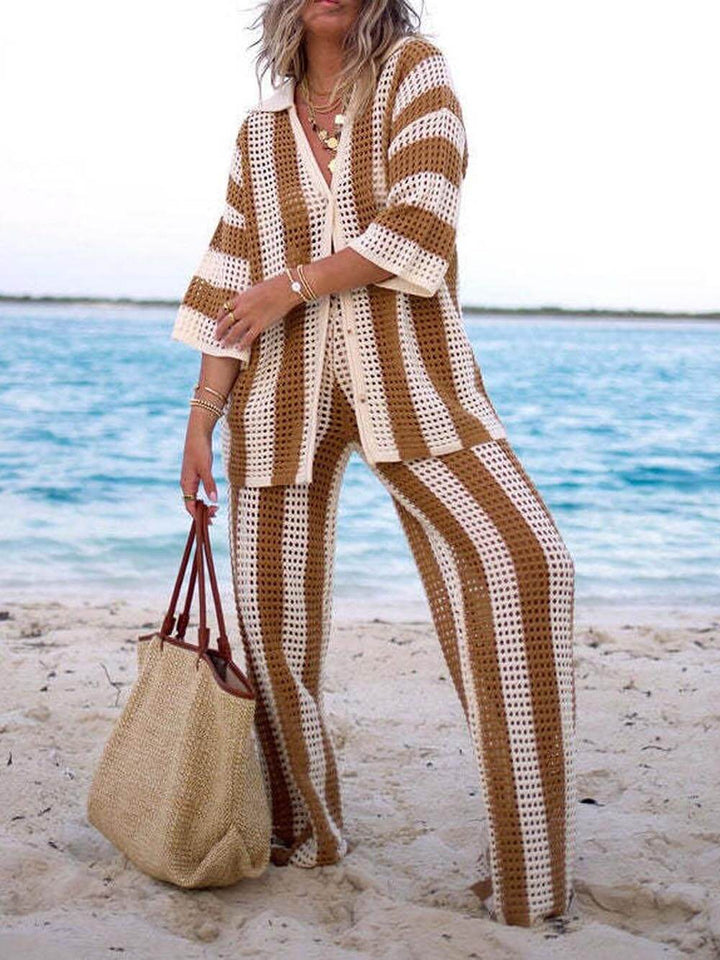 Fashion Loose V-Neck Hollow Out Striped Shirt Wide Leg Pants Set