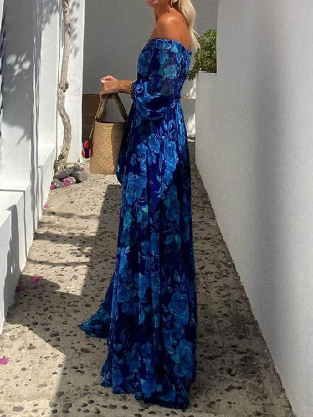 Vestido de férias Foral Off Shoulder Back Smocked Maxi Dress