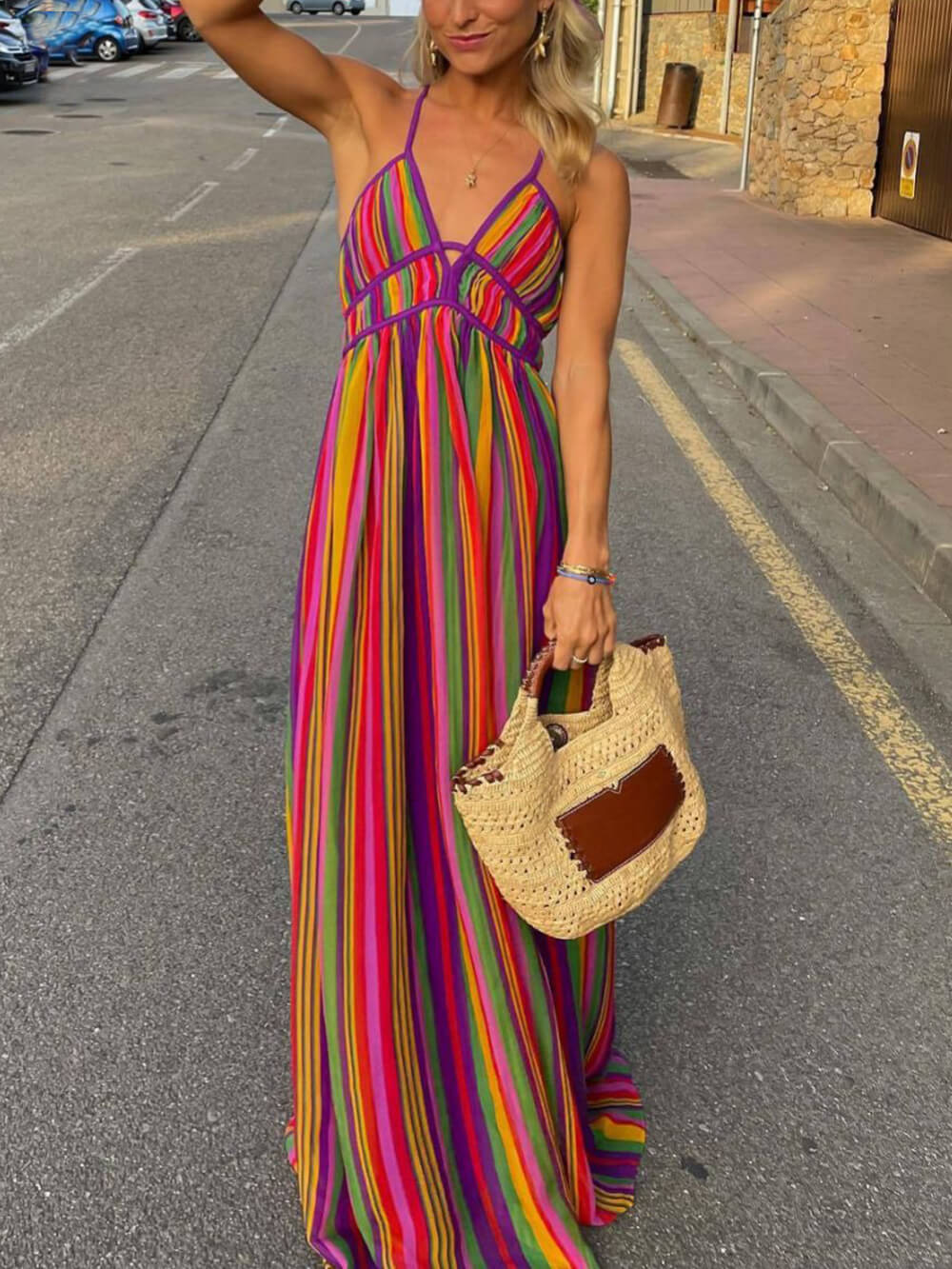 Rainbow Stripe Print V-Neck Maxi Dress