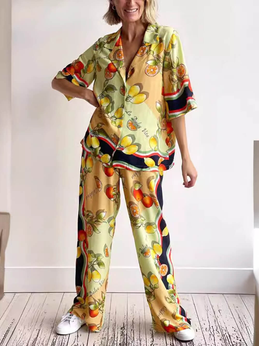 Modern Lemon Print Mid-Rise Wide Leg Παντελόνι