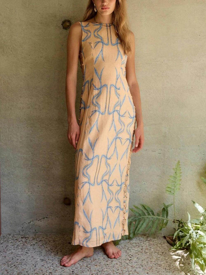 Signature Printed Hoop-Embellished Sleeveless Midi Dress bez rękawów