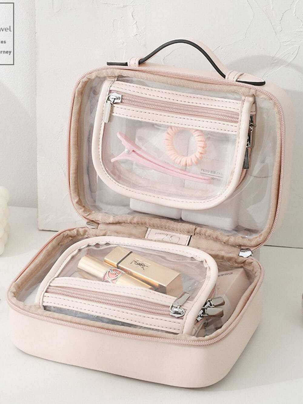 Trousse de maquillage portable en PU transparent