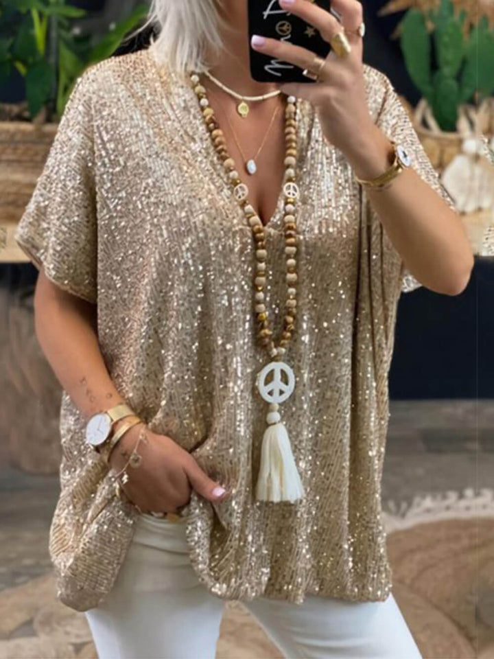 Bohemian Casual χαλαρό πουλόβερ κοντό μανίκι Sequin V-Neck Top