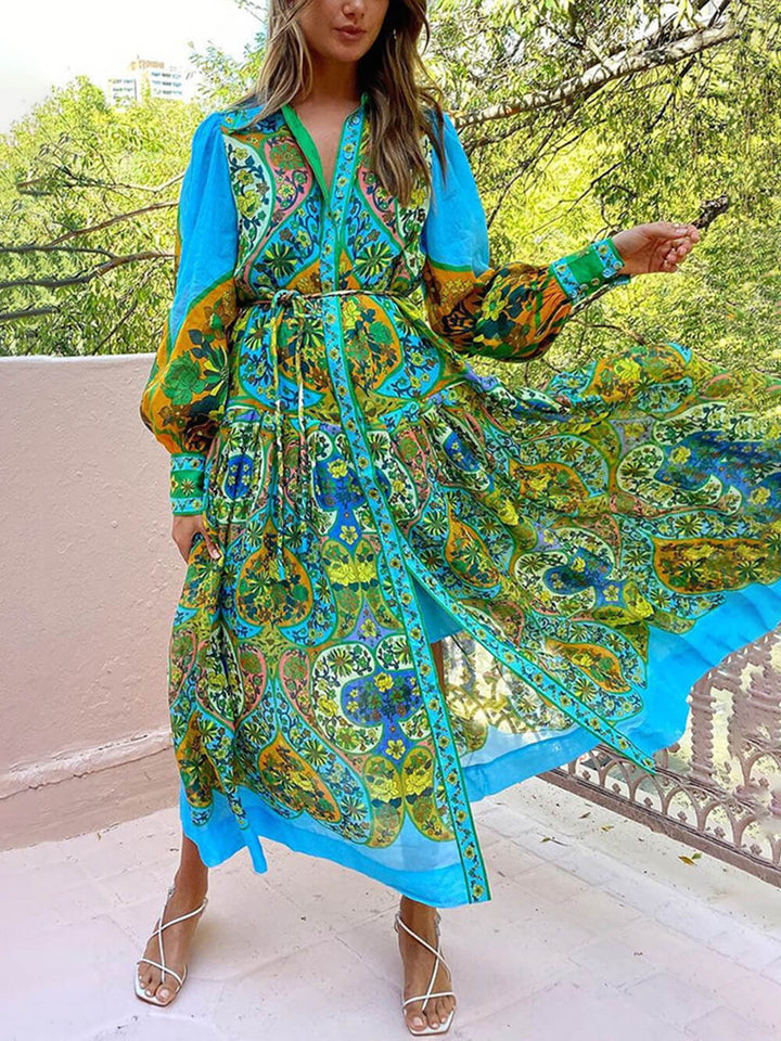 Ethnic Print Cardigan Lace-Up Lapel Rochie cu mânecă lungă