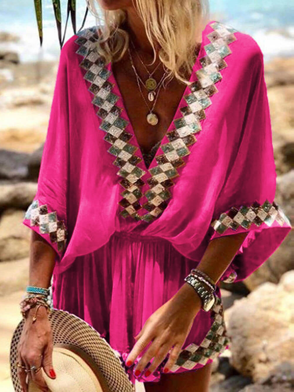 Romper kimono con stampa spiaggia Bohemian