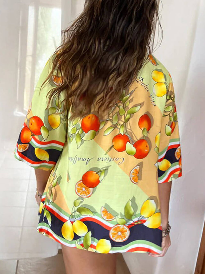 Modern Lemon Print Cardigan Single Breasted Kap Overhemd