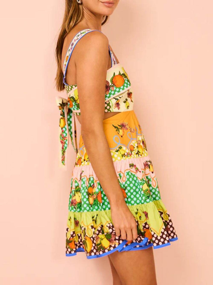 verão MulticoloridoLimão Mini vestido com bainha pregueada