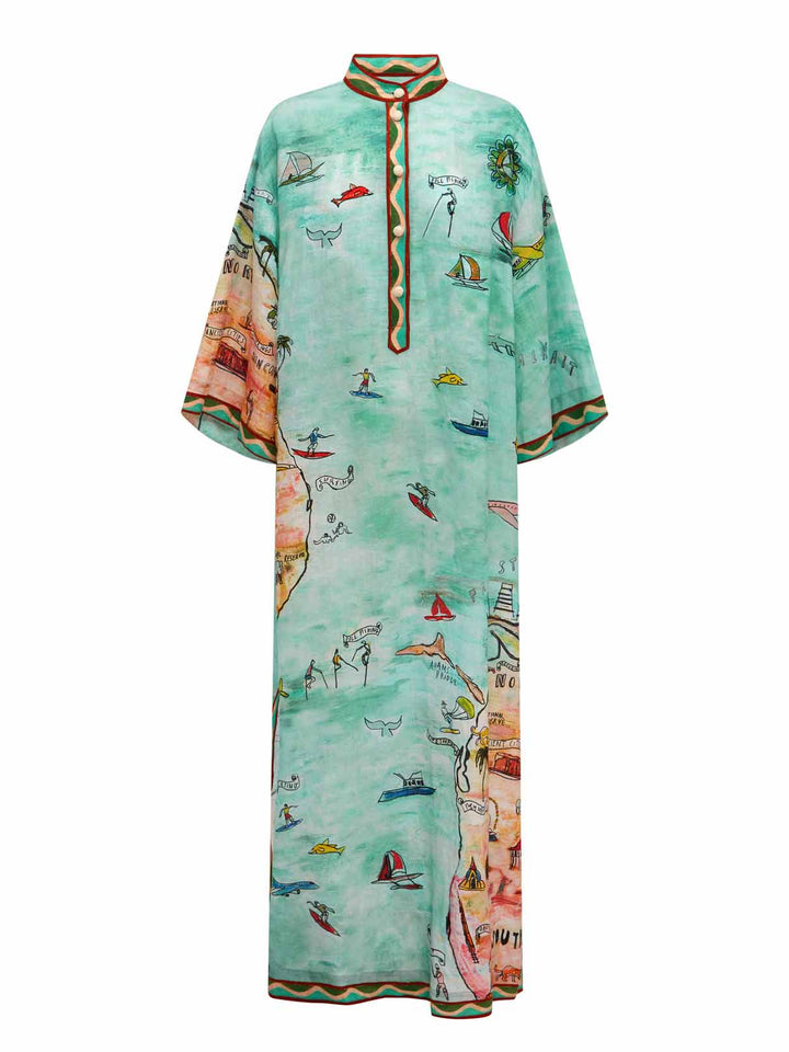 Modernes Satin Art Island Print Maxi Kleid mit Schlitz