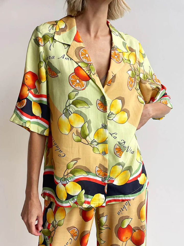 Modern Lemon Print Cardigan Single Breasted Kap Overhemd