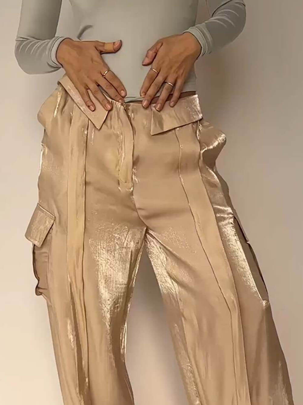 Golden Years Glitter Fabric Drawstring Waist Pocketed Wide Leg Kalhoty