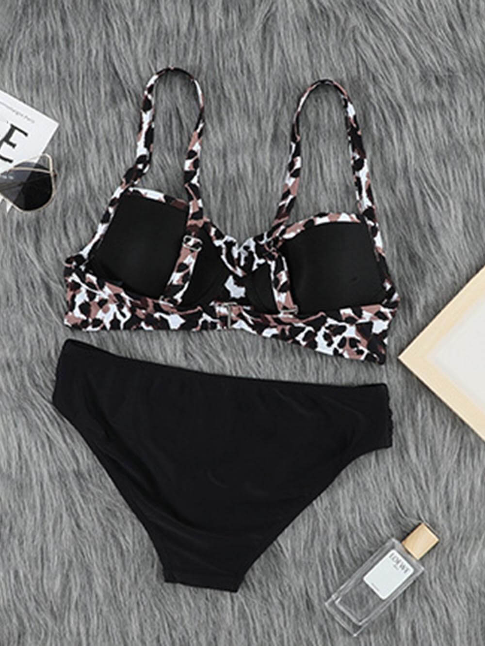 Push Up Renkli Çizgili Leopar Desenli Bikini İki Parçalı Set