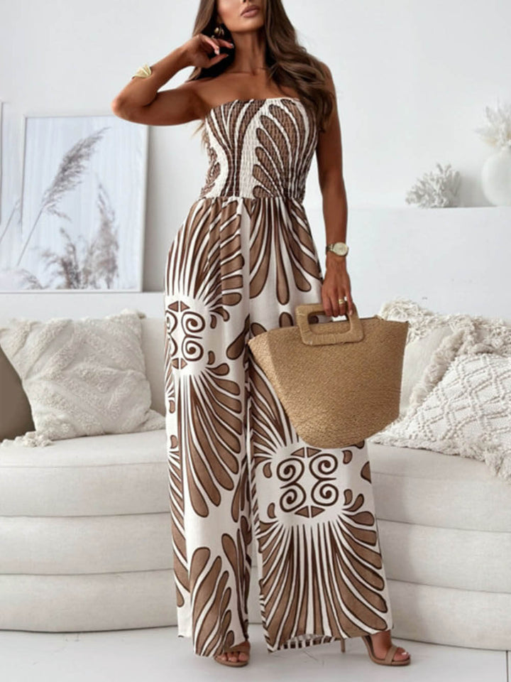 Unique Printed Off-Shoulder Pleated Casual Wide-leg Jumpsuit