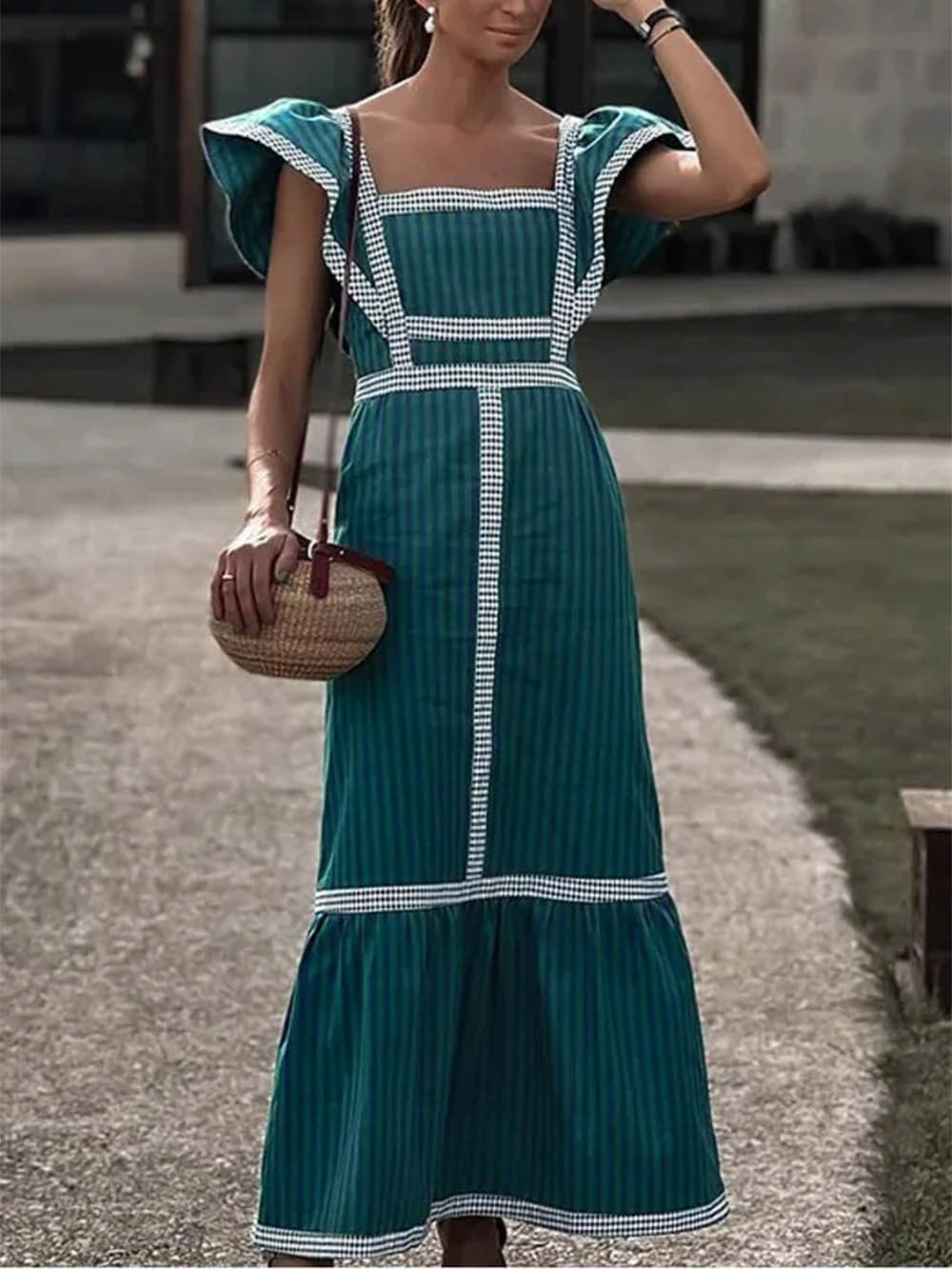 Contrast Paneled Sleeveless Square-neck Maxi Dress