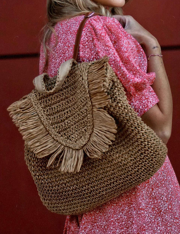 Caramel Fringed Trim Woven Straw Rucsac