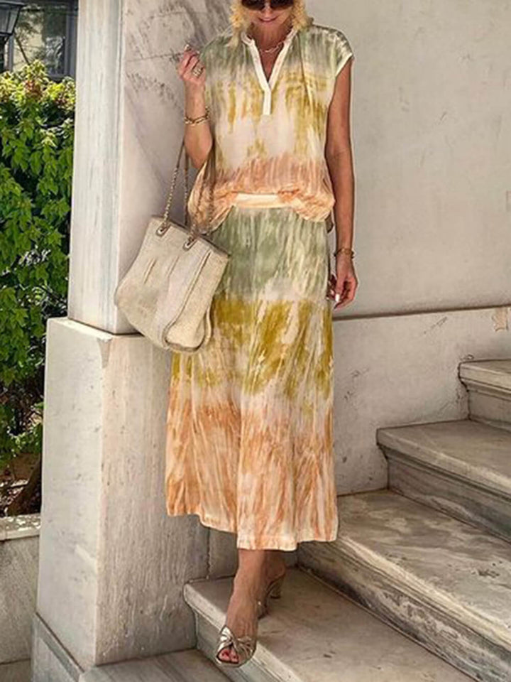 Tie Dye Print Contrast V Neck Sleeveless Două piese