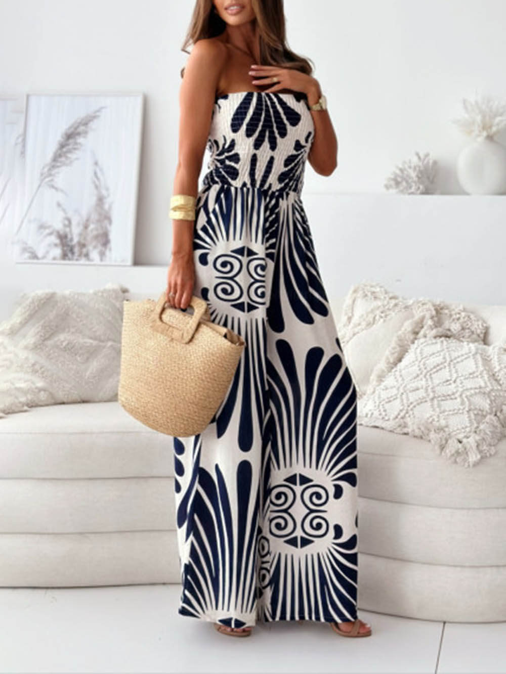 Unique Printed Off-Shoulder Pleated Casual Wide-leg Jumpsuit