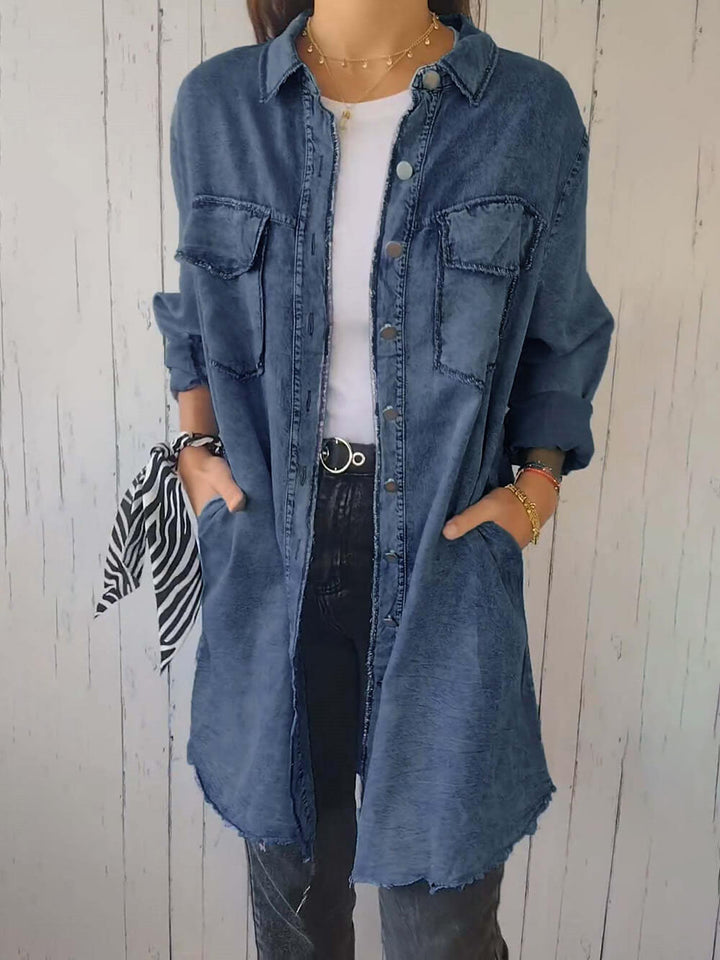 Jaket Denim Kerah Lengan Panjang Serbaguna yang Modis