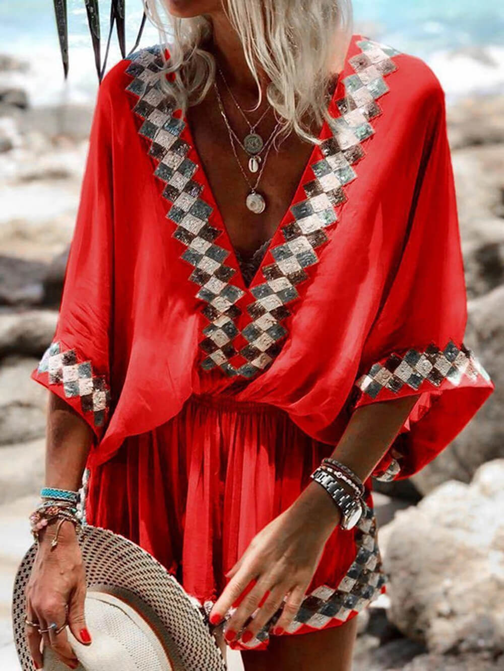 Romper kimono con stampa spiaggia Bohemian