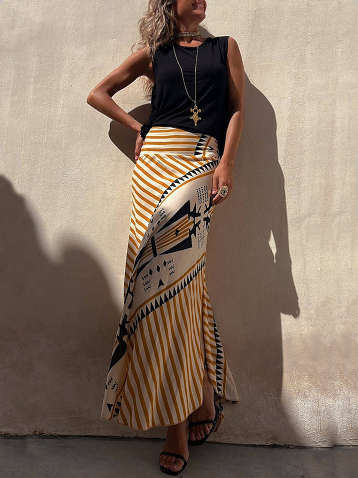 Geometric Print Elastic Waist Maxi Skirt