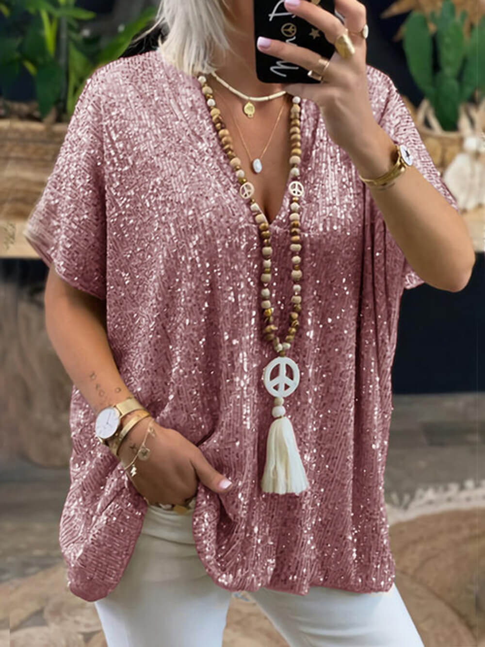 Bohemian Casual χαλαρό πουλόβερ κοντό μανίκι Sequin V-Neck Top