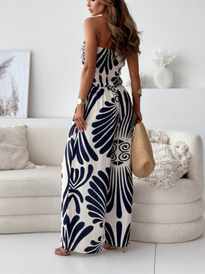 Unique Printed Off-Shoulder Pleated Casual Wide-leg Jumpsuit