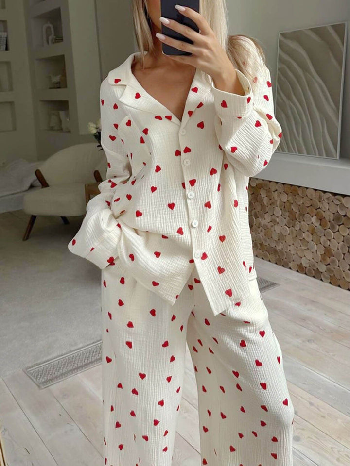 Cute Heart Print Button Down Shirt Pajama Sets