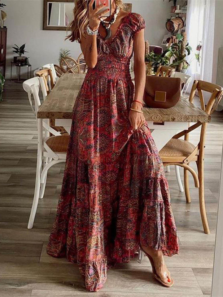 Vestido boémio de cintura subida com estampado floral