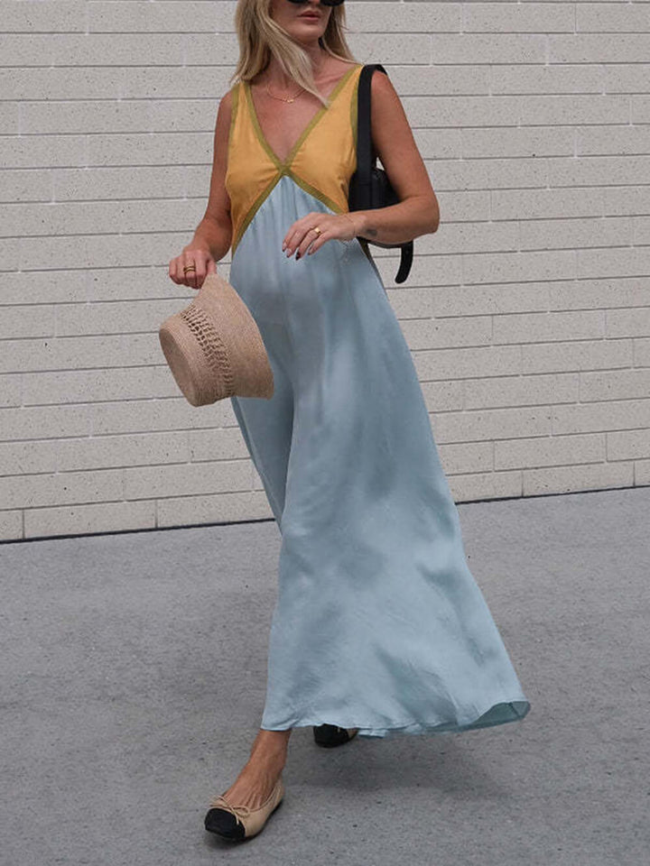 Splicing Chic V-neck Contrasting Color Dress