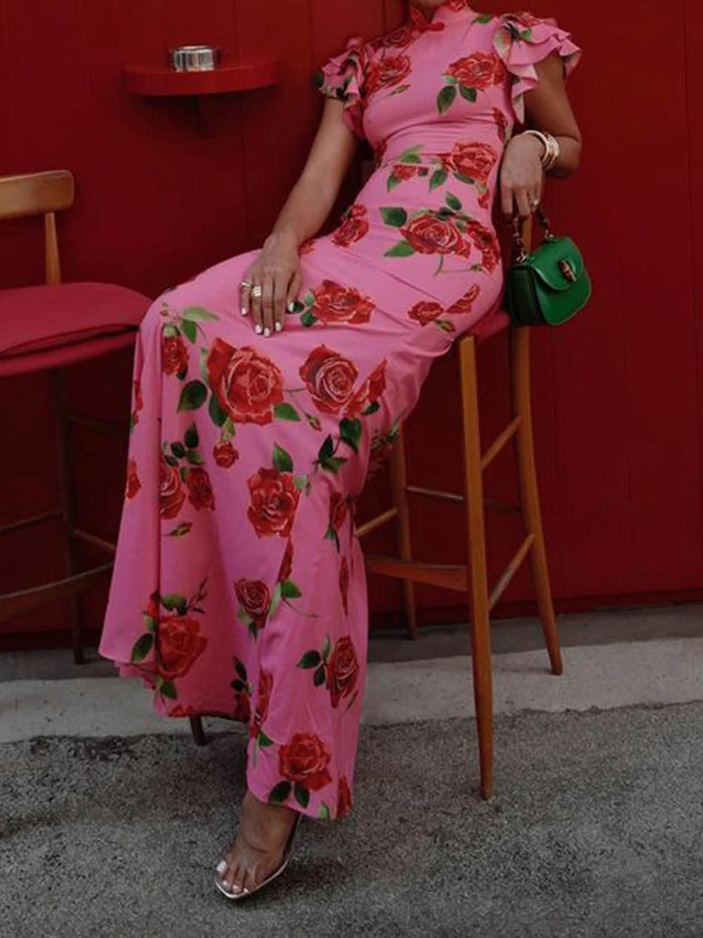 Cheongsam Rose Floral Print Tiered Flare Sleeve Stretch Maxi Dress