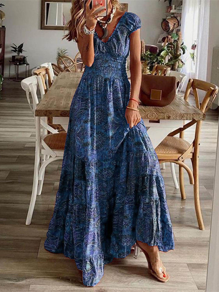 Vestido boémio de cintura subida com estampado floral