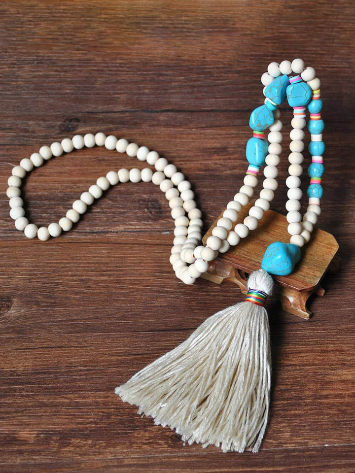 Handmade margele din lemn Tassel și pace Charm Pandantiv colier lung