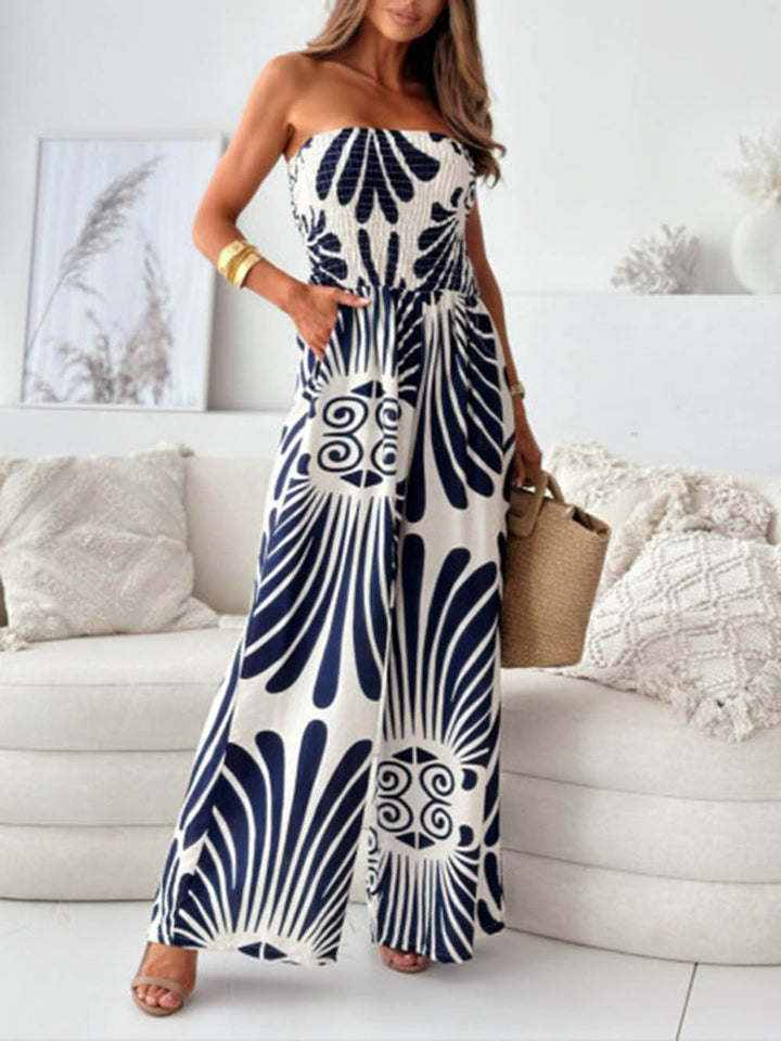 Unique Printed Off-Shoulder Pleated Casual Wide-leg Jumpsuit