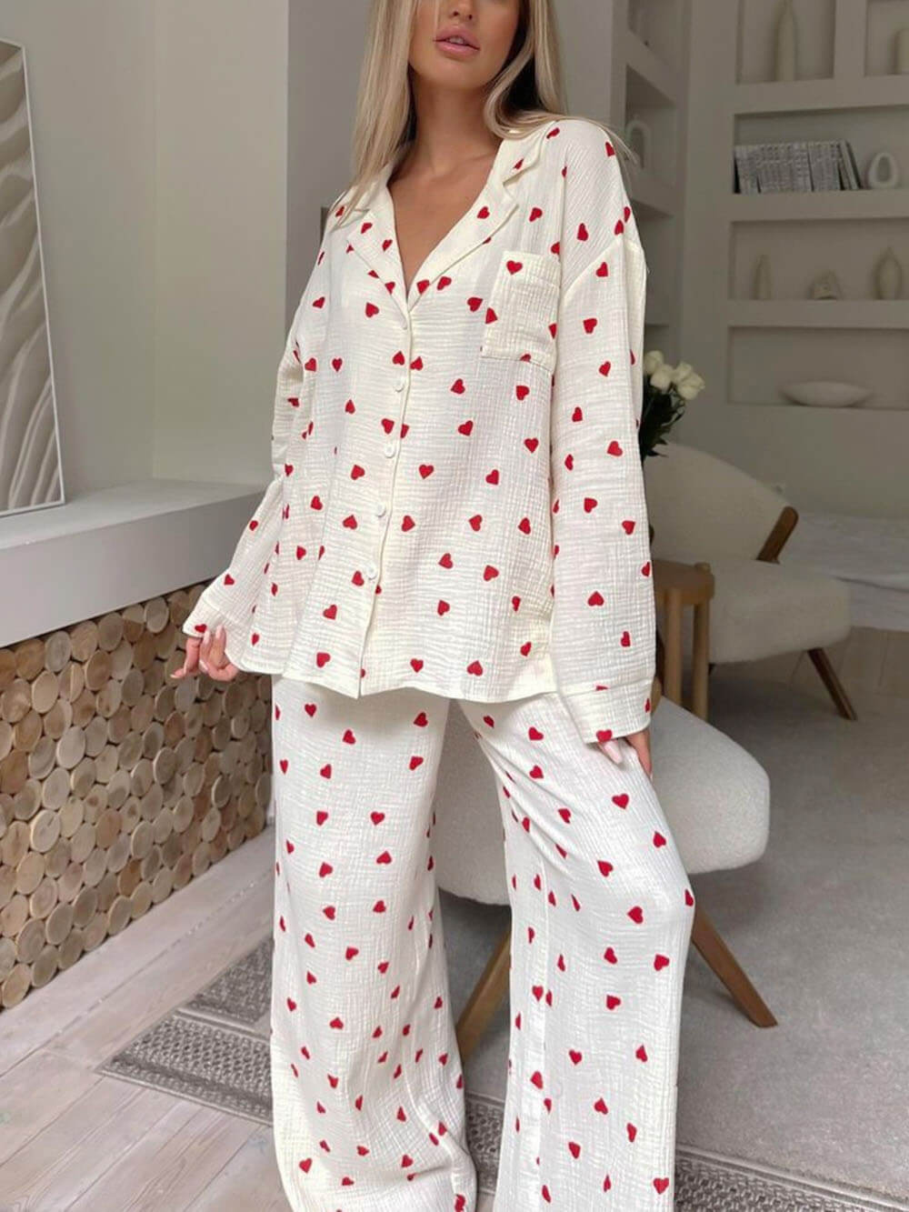 Niedliches Herz Print Button Down Shirt Pyjama Sets