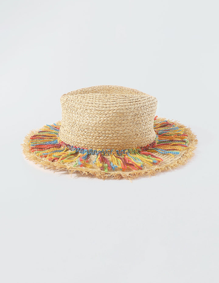 Chapeau de paille à pompon en coton coloré