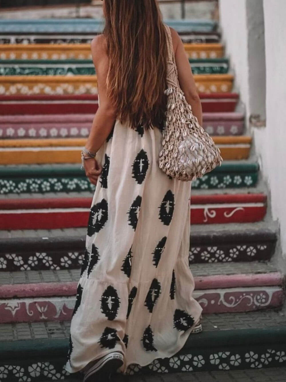 Sunshine Ethnic Print One Shoulder Loose Maxi Dress